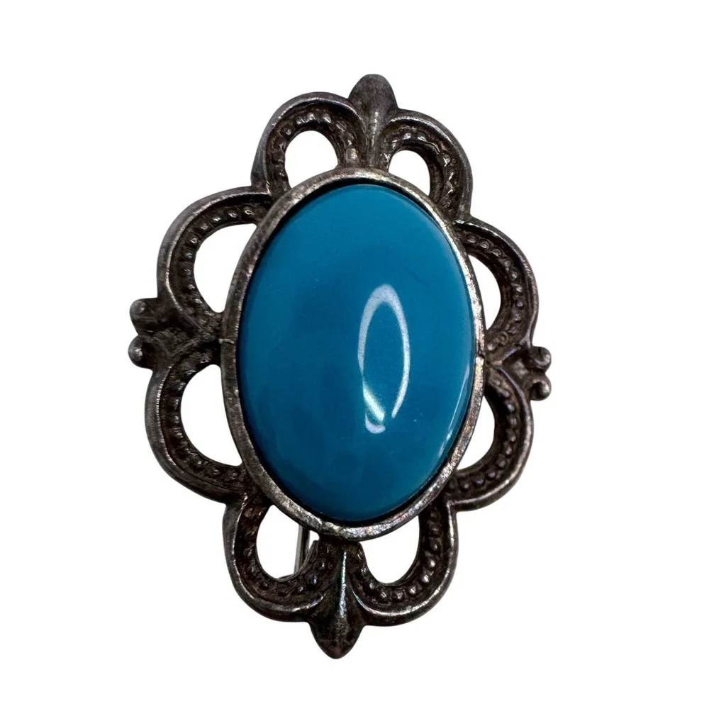 Vintage Sterling Silver Faux Turquoise Oval‎ Cabochon Scalloped Brooch Pin